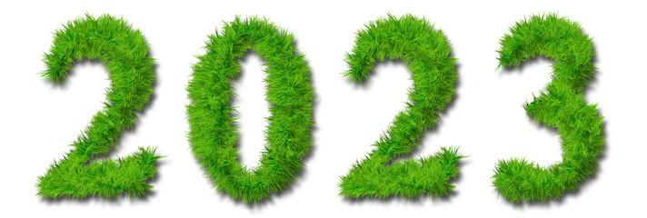 Concept conceptual 2023 year made of green summer lawn grass symbol isolated on white background. 3d illustration as a metaphor for future, nature, environment, organic growth, ecology, conservation