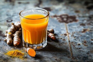 Healthy Indonesian drink Jamu from turmeric in glass on gray concrete background.