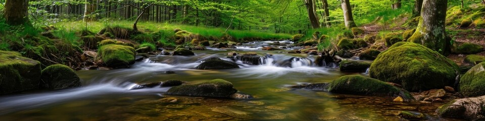 Forest stream panorama,  with the water flowing gently through a tranquil woodland scene