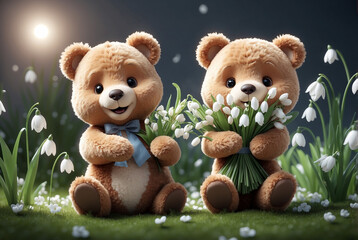Stunning illustration. Adorable very happy teddy bear with snowdrops. very minimalistic background