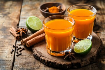 Healthy Indonesian drink Jamu from turmeric and spices in glasses on wooden rustic background.