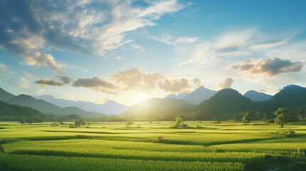 Green rice field view There was golden light from the sun shining on the rice fields.