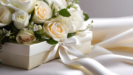 Obraz premium Romantic flower and ribbon gift box.