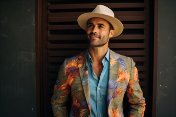 Portrait of a handsome young man wearing a hat and a colorful shirt