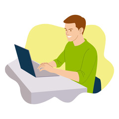Fototapeta na wymiar Man wearing green shirt work in front the laptop. Vector image