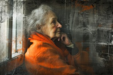 An elderly woman gazes out of the window, lost in solitary contemplation.