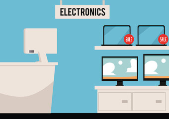 Empty electronic shop appliances store, digital devices laptops, computer, tv set, cartoon vector flat counter interior