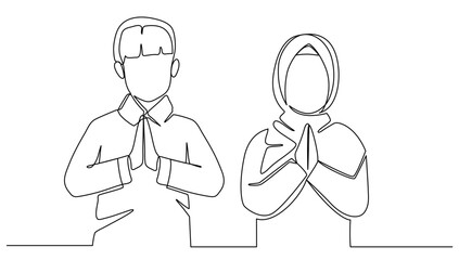 One continuous line drawing of a little Muslim boy and girl celebrating Ramadan and Eid al-Fitr perform the Halal Bihalal gesture concept illustration design vector single line concept drawing 