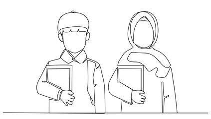 One continuous line drawing of a Muslim boy and girl carrying a Qur'an book for recitation at the mosque illustration design vector concept single line concept drawing