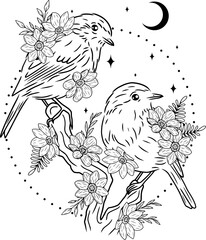 Birds with flowers, line art illustration