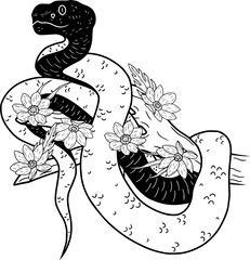 Snake with flowers, line art illustration
