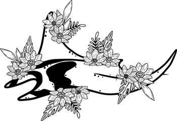 Stingray with flowers, line art illustration