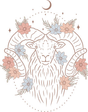 Big horns goat with flowers, line art illustration