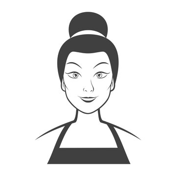 Woman face front view. Short brown hair cut or bun hairstyle. Vector image