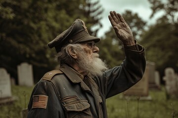 American war veterans solemnly saluting fallen comrades' graves as a poignant tribute on Veterans Day and Memorial Day. - obrazy, fototapety, plakaty