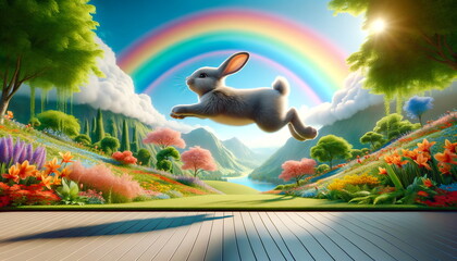 mid-leap bunny against a rainbow in a spring paradise landscape
