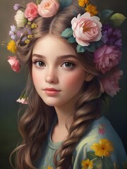 Naklejka premium Beautiful portrait of a girl with flowers in her hair.