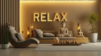 Relax wood text in the living room, with a buddha meditating.Ai generative.