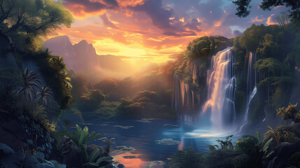 Majestic Waterfall at Sunset in Lush Tropical Forest