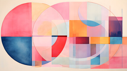 Obraz premium Watercolor painting with geometric shapes in pastel colors. Abstract minimalistic composition