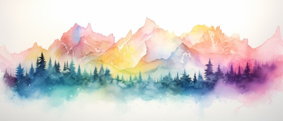 Fototapeta premium Colorful rainbow colors watercolor color abstract brush painting art of beautiful mountains, mountain peak minimalism landscape panorama banner illustration, isolated on white background