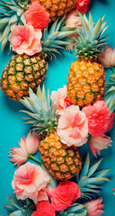 Pineapples and Tropical Flowers on Turquoise Background