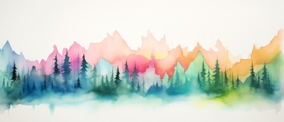 Colorful rainbow colors watercolor color abstract brush painting art of beautiful mountains, mountain peak minimalism landscape panorama banner illustration, isolated on white background - obrazy, fototapety, plakaty