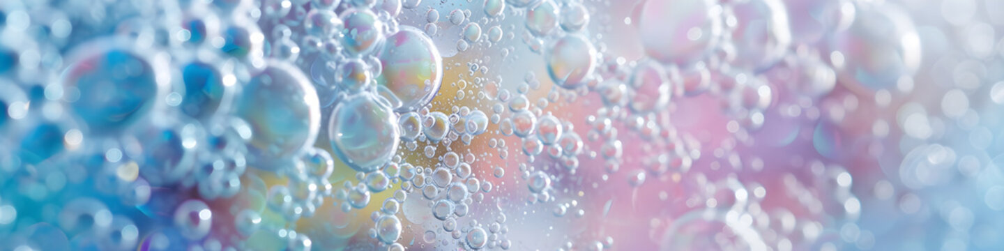 Macro photo of bubbles in water. Background with foam made of soap, shampoo, lotion, detergent. Colorful banner with copy space for laundry and cleaning services, spa, beauty, skin care concept.