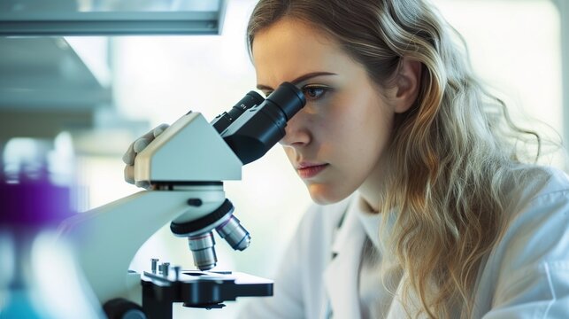A woman researcher working with a microscope inside a laboratory
