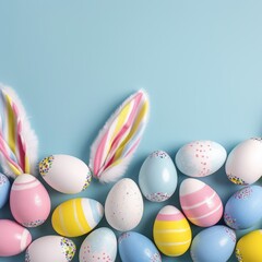 Fototapeta na wymiar Colorful Easter eggs with bunny ears on blue background