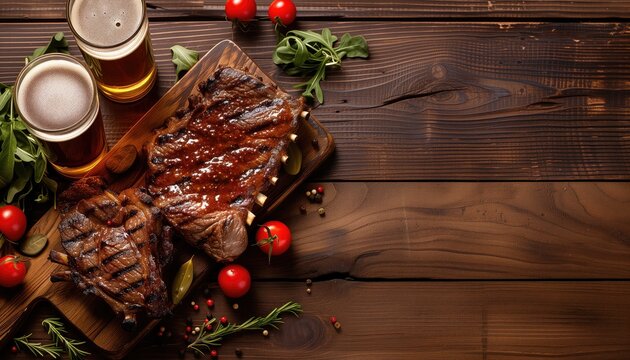 Wooden table served withgrilled meat, vegetables and beer. steak and lamb ribs on wooden cutting boards Top view, banner. 