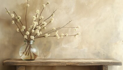 Bouquet of beige willow branches in vase on wooden table