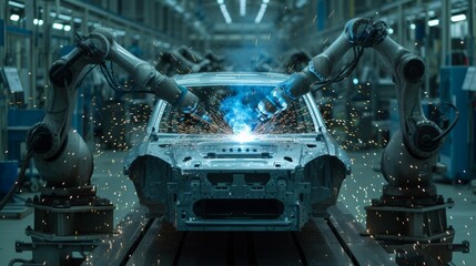Industrial robots are welding car parts in a factory
