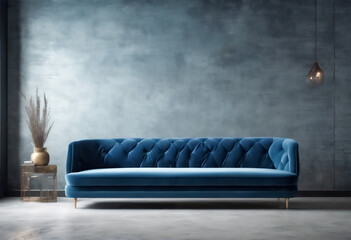 Stile Raffinato- Sofisticato Divano in Velluto Blu in un Ambiente Living Moderno, Sfondo di Parete in Cemento - obrazy, fototapety, plakaty