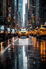 Yellow taxi driving on a wet city street with skyscrapers on both sides