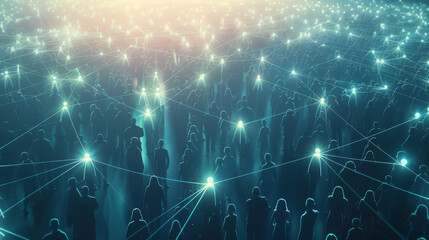 Large crowd of people connected by glowing lines of light in communication and networking effect
