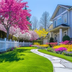 Colorful flowers and trees in a front yard with a stone slab walking path and white picket fence