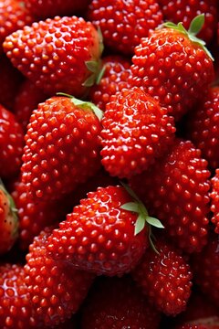 A close-up image of a bunch of ripe red strawberries