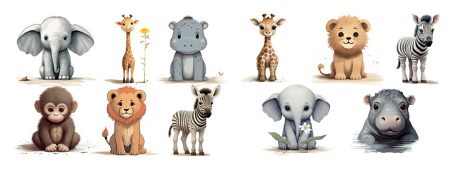 Adorable Collection of Baby Wild Animals: Elephants, Giraffe, Hippo, Lion, Monkey, and Zebra Illustrations for Children’s Books