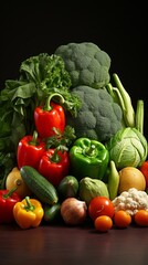 A variety of fresh vegetables are arranged together on a wooden table.