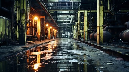 A dark and eerie abandoned factory building with water on the floor and yellow lights illuminating the scene