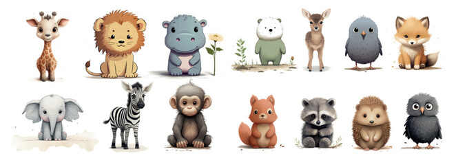 Adorable Collection of Cartoon Baby Animals Isolated on White Background, Perfect for Children’s Book Illustrations and Apparel - obrazy, fototapety, plakaty