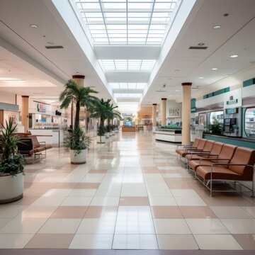 An empty shopping mall with palm trees