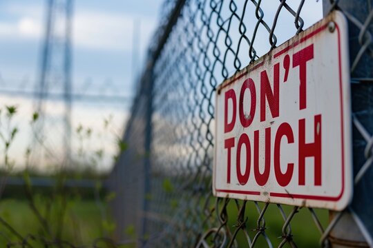 Zone danger sign outside a fenced high voltage area , display red text "DON'T TOUCH"