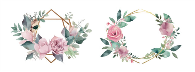 Elegant Floral Frames with Lush Blooms and Foliage, Perfect for Wedding Invitations, Greeting Cards, and Other Decorative