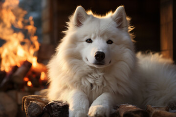 Obraz premium White samoyed dog laying by a fire pit