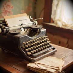 Vintage typewriter on a wooden table with a stack of papers - obrazy, fototapety, plakaty