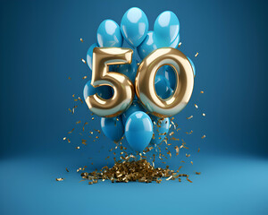 50th birthday celebration balloon with golden number and blue balloons. 3D Render