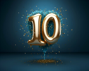 Number 10 gold glittering on blue background. 3D Rendering
