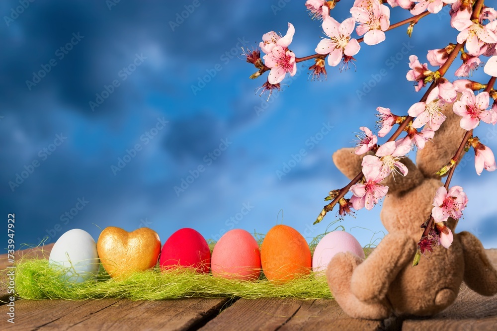 Wall mural Easter concept. Colorful Easter eggs with natural background